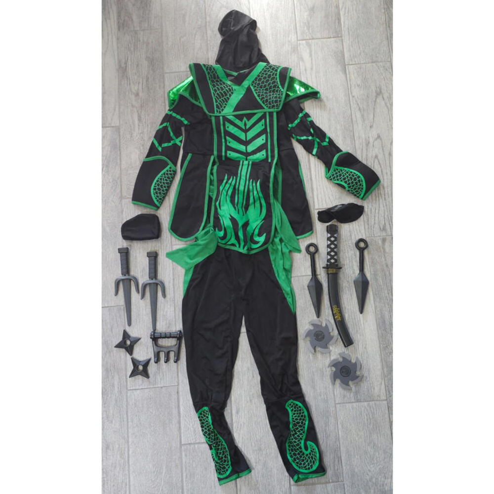(16pc) Child Black & Green Dragon Warrior Ninja Halloween Costume Large 10-12